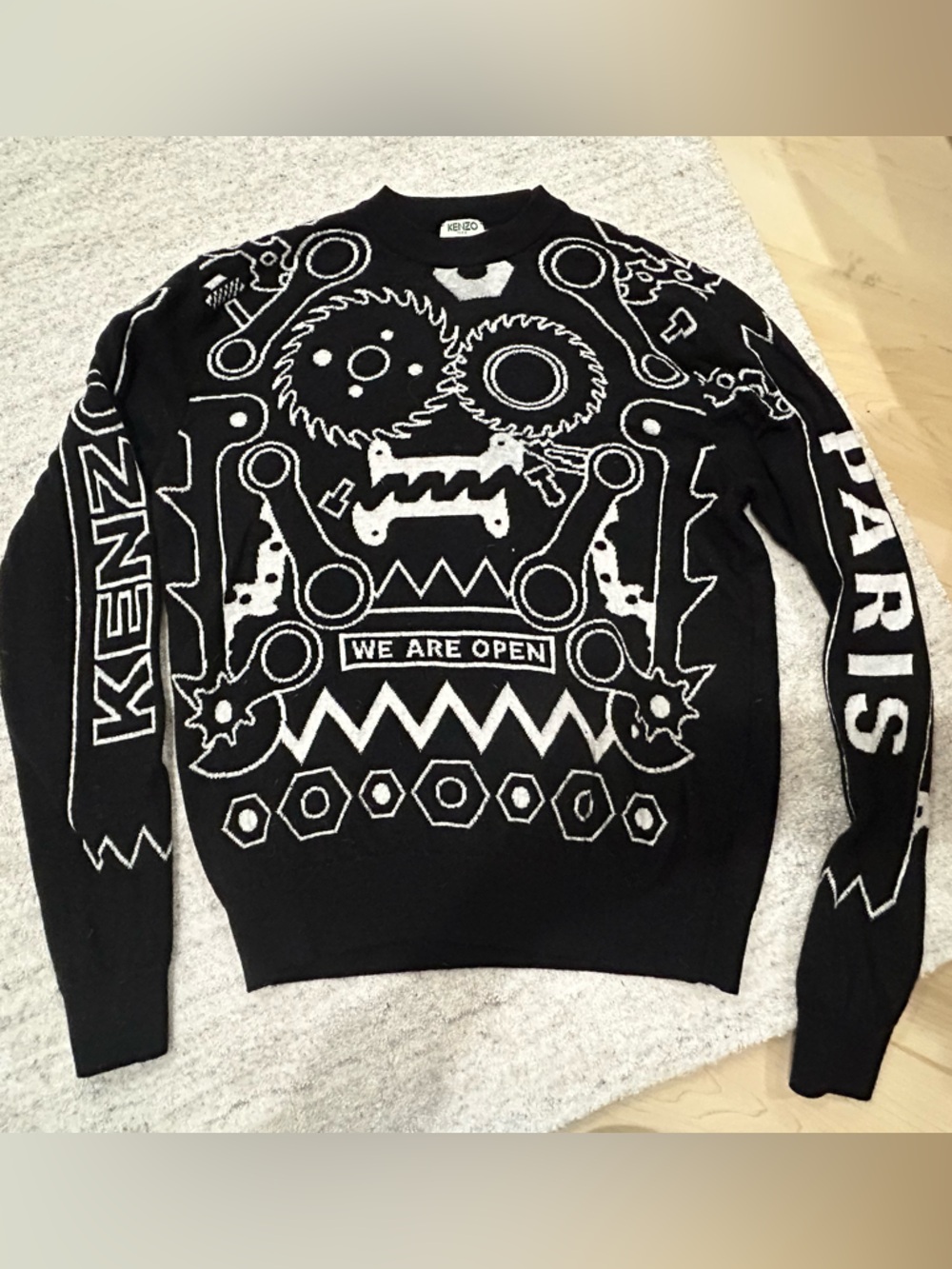 Kenzo Graphic Sweater Medium Black White Mechanical Print RARE